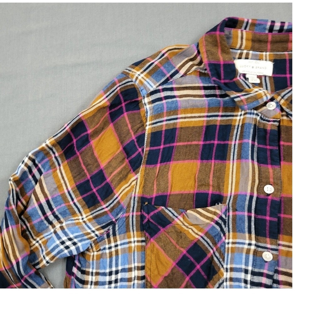 Lucky Brand Plaid Flannel Button Up Shirt Women M Medium Long Sleeve Blue Pink - Picture 8 of 14